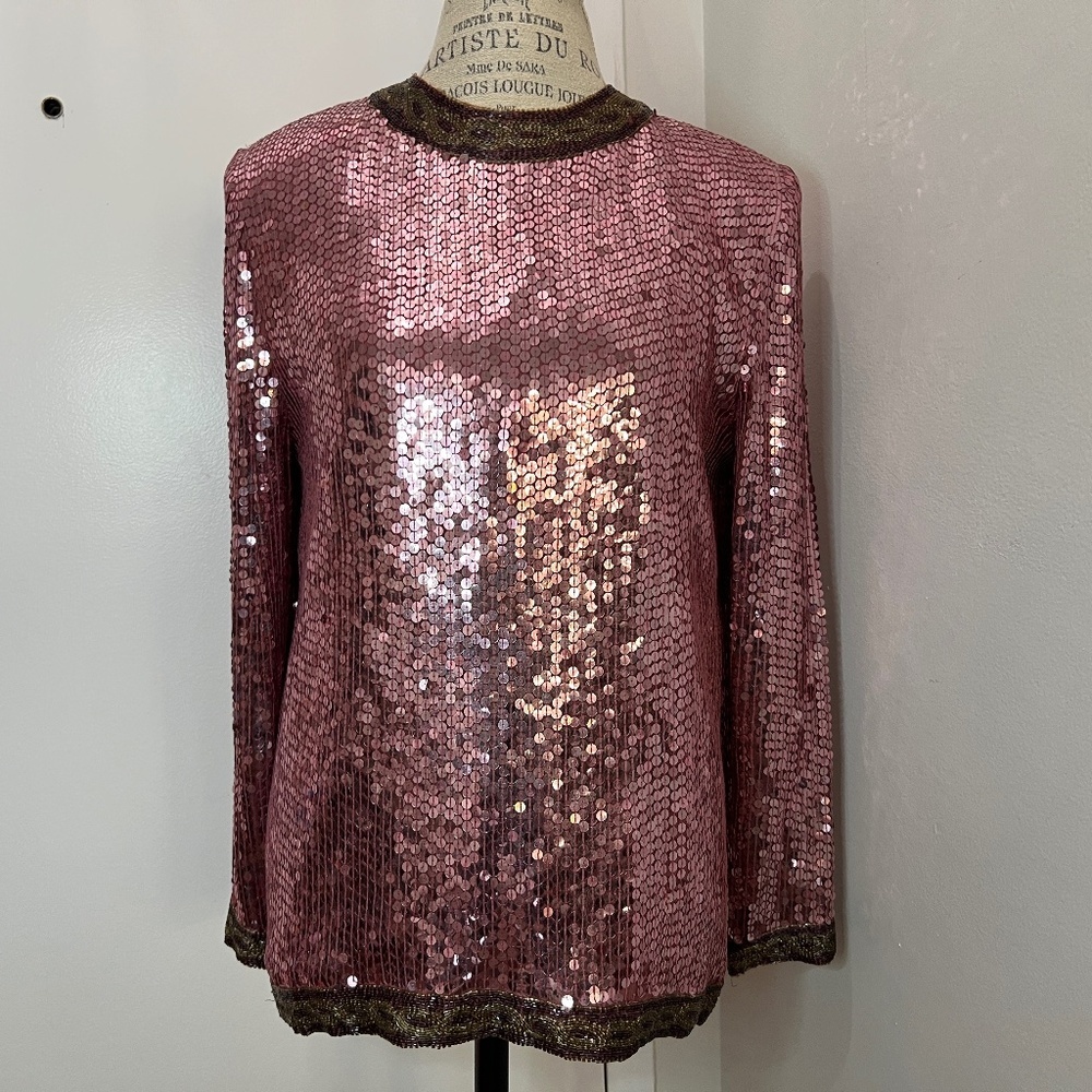 Scarlet Rage Vintage Pink Sequin/Beaded Long Sleeve 100% Silk Top S L